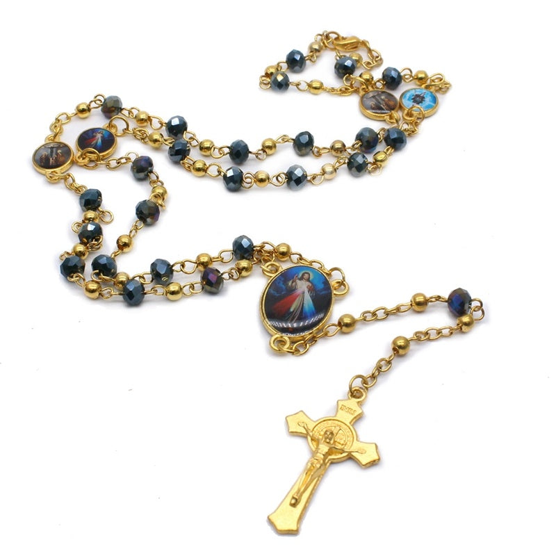 QIGO Crystal Rosary Necklace For Women Long Gold Cross Pendant Religious Jewelry QIGO Crystal Rosary Necklace For Women Long Gold Cross Pendant Religious Jewelry